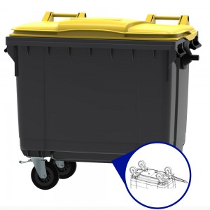 Conteneur - Poubelle à déchets ESE - 4 roues - 660L gris + Couvercle jaune + Timon d'attelage