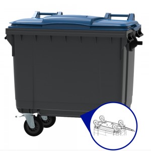 Conteneur - Poubelle à déchets ESE - 4 roues - 660L gris + Couvercle bleu + Timon d'attelage