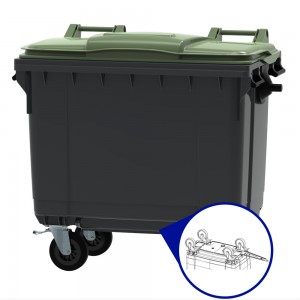 Conteneur - Poubelle à déchets ESE - 4 roues - 660L gris + Couvercle vert + Timon d'attelage