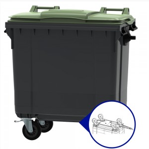 Conteneur - Poubelle à déchets ESE - 4 roues - 770L gris + Couvercle vert + Timon d'attelage