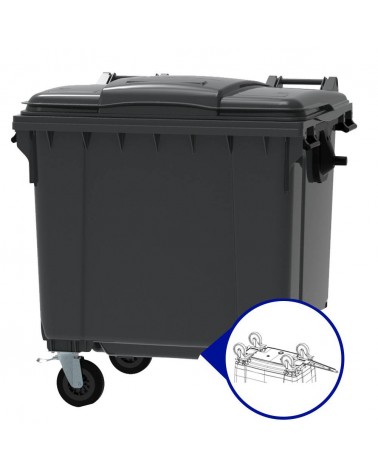 Conteneur - Poubelle à déchets ESE - 4 roues - 1100L gris + Couvercle gris + Timon d'attelage