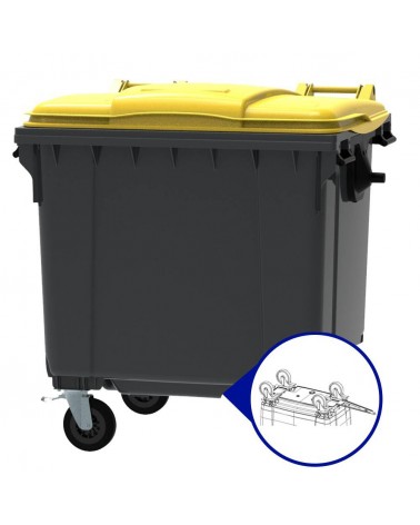 Conteneur - Poubelle à déchets ESE - 4 roues - 1100L gris + Couvercle jaune + Timon d'attelage