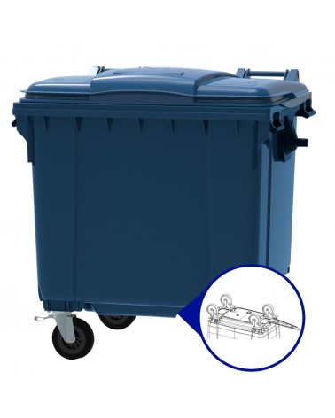 Conteneur - Poubelle à déchets ESE - 4 roues - 1100L bleu + Couvercle bleu + Timon d'attelage
