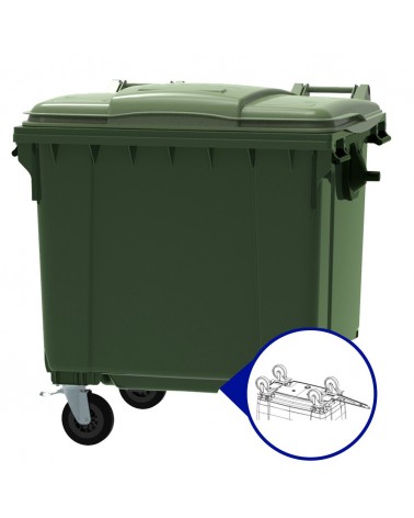 Conteneur - Poubelle à déchets ESE - 4 roues - 1100L vert + Couvercle vert + Timon d'attelage