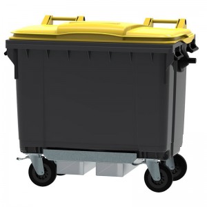 Conteneur - Poubelle à déchets ESE - 4 roues - 660L gris + Couvercle jaune + Passage de fourches